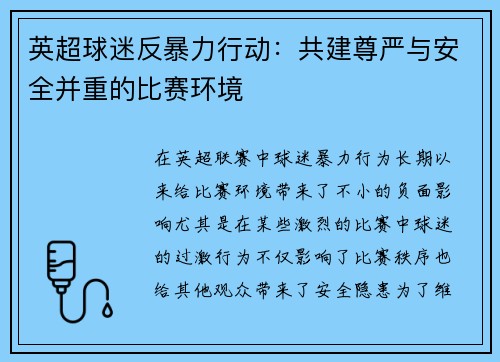 英超球迷反暴力行动：共建尊严与安全并重的比赛环境
