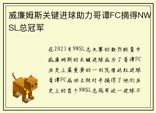 威廉姆斯关键进球助力哥谭FC摘得NWSL总冠军 威廉姆斯关键进球助力哥谭FC摘得NWSL总冠军